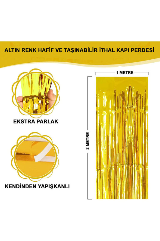 Altın Gold Renk Ekstra Metalize Parlak Saçaklı Arka Fon Perde Ithal A Kalite 1x2 Metre (4767)
