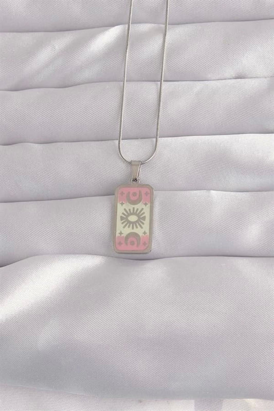 316l Çelik Gümüş Renk Pembe Mineli Ay Figür Tarot Kolye
