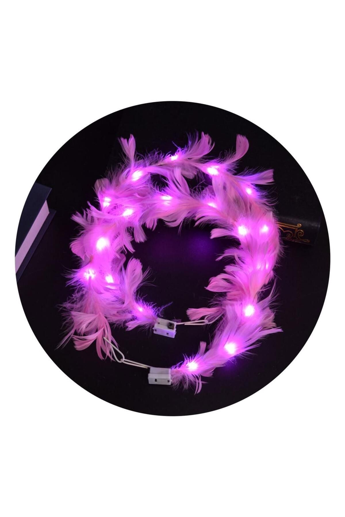 Led Işıklı Rengarenk Yanan 3 Fonksiyonlu Otrişli Parti Tacı Pembe Renk 12x12 cm