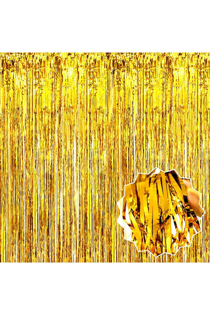 Altın Gold Renk Ekstra Metalize Parlak Saçaklı Arka Fon Perde Ithal A Kalite 1x2 Metre (4767)
